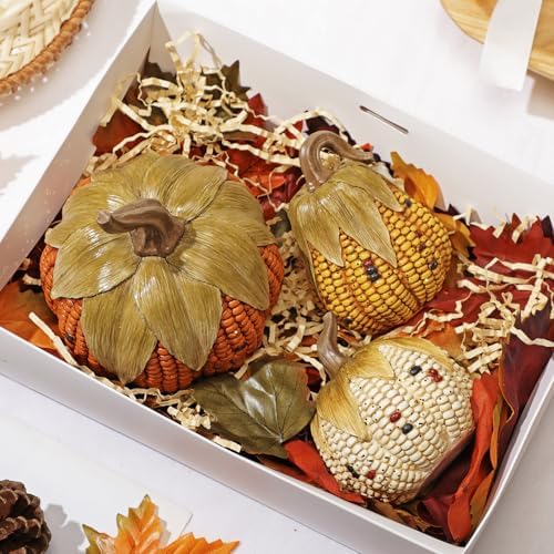 Briful Fall Corn Pumpkin Set 3PCS Resin Pumpkins Harvest Decorative Faux Corn Pumpkins for Home Thanksgiving Table Centerpiece Tray Display Indoor & Outdoor Autumn Decor - Image 6