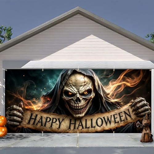 7 x 16 ft Vintage Skull Halloween Garage Door Decorations Halloween decorations Witch Door Cover, Hanging Banner Cauldron Backdrop Mural for Home by THISFIND