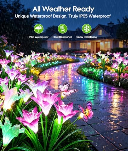 KOOPER Solar Lights Outdoor Garden Decor 4 Pack, 16 Lily Flowers and 12 Swaying Butterflies, IP65 Waterproof 7 Color Changing Solar Flower Lights for Yard Patio Pathway, Gifts for Mom Women Grandma - Image 4