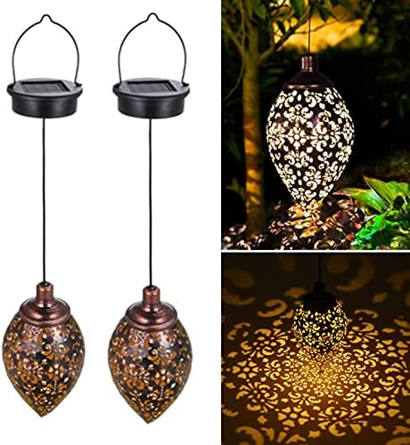 (2 Pack) Hanging Solar Lights, Tomshine Solar Lantern LED Moroccan Garden Decor, Metal Solar Lanterns Outdoor Waterproof for Outside, Patio, Porch, Pathway Hanging Decor by Tomshine