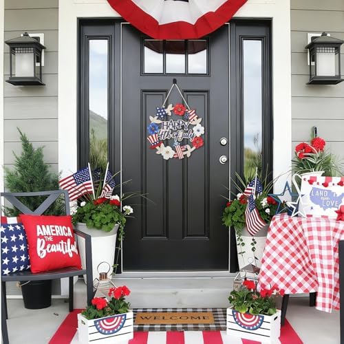 Wood Wreath for Front Door Porch Window Wall Hanging Decor (Patriotic) - Image 3