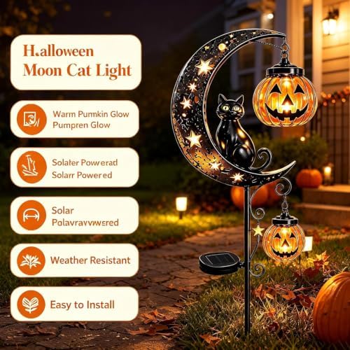 Solar Halloween Black Cat Garden Stake Light – Metal Crescent Moon & Pumpkin Lantern Yard Decor, Auto On/Off Waterproof LED Landscape Lighting for Patio Lawn Pathway (A) - Image 3