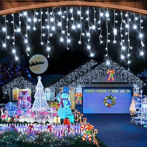 White Christmas Lights Outdoor, 49FT 480 LED Ice Lights for Outside with 90 Drops Clear Wire 8 Modes Timer, Plug in Waterproof for Holiday Eaves Yard Roof Party Christmas Decoration by Heceltt