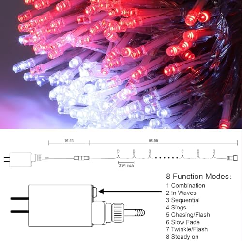 LJLNION 300 LED Valentines Lights, Extra Long 98.5FT Christmas String Lights Outdoor Indoor, 8 Lighting Mode, Plug in Waterproof Fairy Light for Wedding Party Bedroom Garden Decorations (Red & White) - Image 5