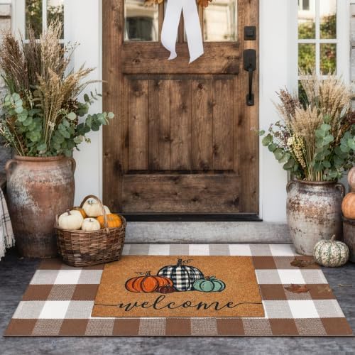 Uphome Bufflo Plaid Outdoor Rug 2'x4.3', Fall Decor Checkered Front Door Mat, Indoor Outdoor Farmhouse Cotton Porch Rug for Layered Door Mats, Washable Brown Carpet Runner for Patio Entryway - Image 7