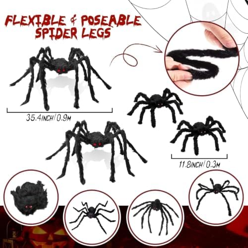Giant Spider 2.46 Ft, 4 Packs Halloween Decorations Fake Halloween Decor Spiders Large, Furry Spiders for Outdoor Indoor Yard Home Costumes Party House Décor, 2.46Ft*2/0.98Ft*2 - Image 2