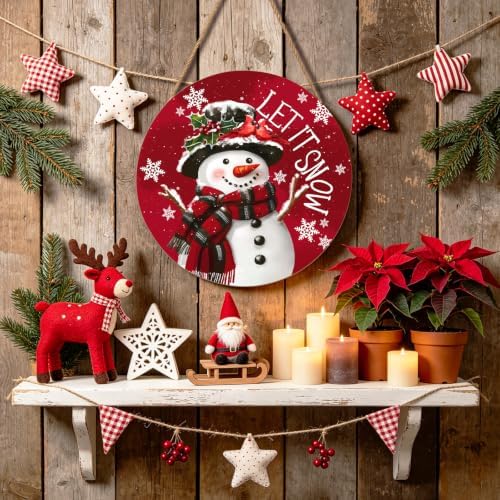 Christmas Snowman Front Door Sign Snowflake Wood Door Hanger for Outdoor Outside Porch Winter Cardinal Birds Decoration Welcome Sign Farmhouse Round Wall Hanging Xmas Wreath Decor for Home 12"x12" - Image 6