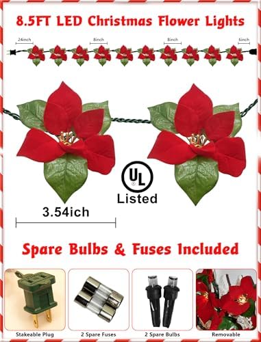 SUNSGNE 8.5FT LED Flower String Lights, Red and Green Christmas Flowers Lights with 10 LED Flowers Bulbs for Christmas Tree, Fireplace, Staircase, Walls - Image 2