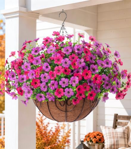 HyeFlora Artificial Faux Hanging Plants Flowers Basket for Spring Summer Outdoor Outside Decoration, Fake Silk Colorful Daisy Eucalyptus in Planter UV Resistant Realistic for Porch Patio Balcony Yard - Image 2