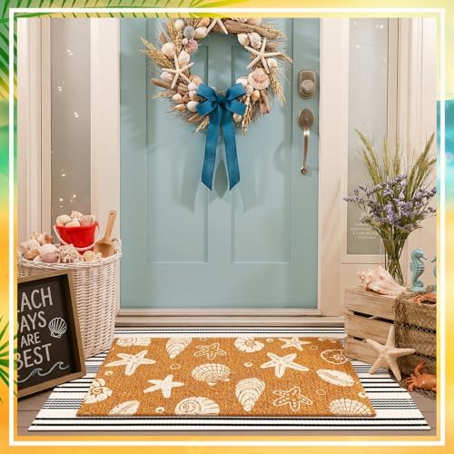 Duraaamo 2 Pcs Beach Door Mats Outdoor 16'' x 28'' Coastal Seashell Starfish Doormat 24'' x 35'' Non Slip Nautical Black White Stripe Outdoor Rug for Entrance Indoor Entryway Beach Lake House Decor - Image 6