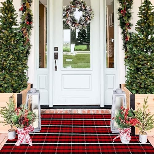 Buffalo Plaid Outdoor Rug, 3' x 5' Christmas Red & Black Check Indoor/Outdoor Area Rug, Layering Rug for Hello/Welcome Door Mat, Machine Washable Cotton Woven Farmhouse Mat for Front Porch Décor - Image 2