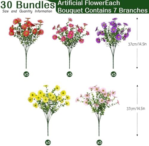 Alupssuc 30 Bundles Artificial Daisies Flowers Fake Silk Plant for Indoor Outdoor Decor, UV Resistant No Fade Faux Spring Flowers for Garden, Porch & Patio Decoration,RedRosyPurpleYellowPink - Image 2