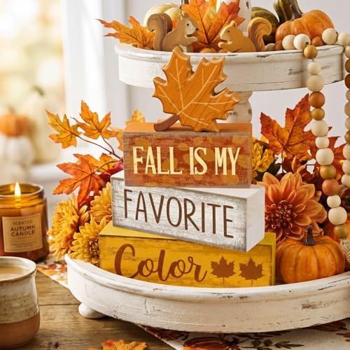 Lineshading 4 Pcs Fall Wooden Block Signs Farmhouse Tabletop Maple Leaf - Image 2