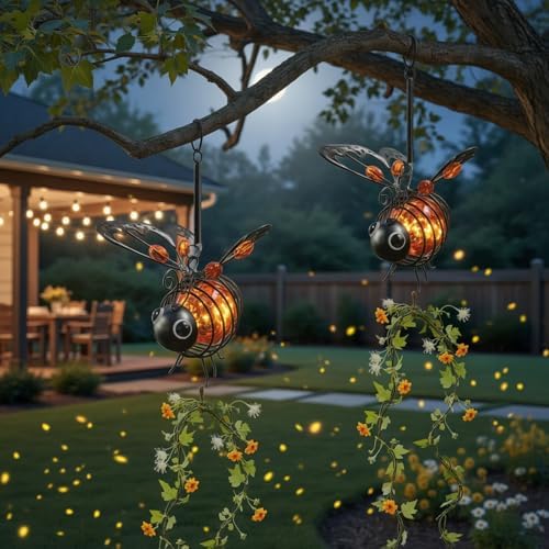 Solar Powered Hanging Bee Light Waterproof Solar-Powered Insect Ornament Suitable for Courtyards, Trees, Porches, and Terraces 2-Pack Orange - Image 3