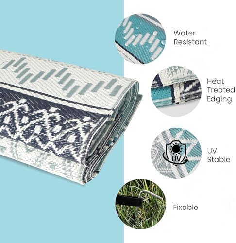 Outdoor Rug 9 x12 ft, Plastic Rug for Patio, Blue & Grey - Image 6