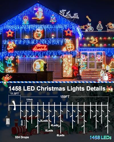 159 FT Blue Christmas Lights Outdoor, 1458 LED Waterproof Outside Christmas Lights Plug in, Timer & Memory, 8 Modes Fairy Lights with 324 Drops for House Eaves Yard Patio Wedding Decorations - Image 6
