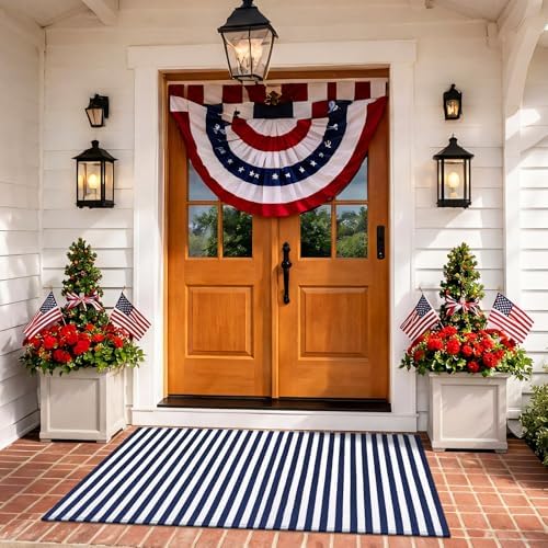 Moucuny 3' X 5' Wide Navy and White Patriotic Vertical Stripe Outdoor Rug - Image 5