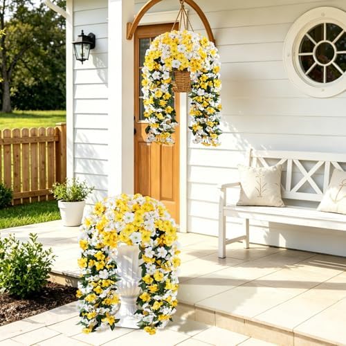 Artificial Hanging Flowers for Outdoors, 4 PCS 544 Blooms UV Resistant Morning Glory Faux Silk Vines, No-Odor Realistic Fake Plants for Garden Planter Porch Patio Decoration, Yellow White - Image 6
