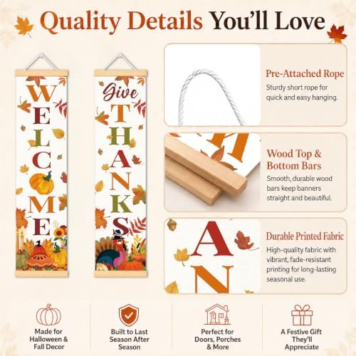 Turkey Give Thanks Door Banner Set of 2, Welcome Fall Porch Decor for Home - Image 3