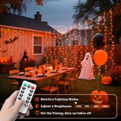 JMEXSUSS Orange Curtain Lights for Halloween, USB Plug in, 200 LED - Image 5