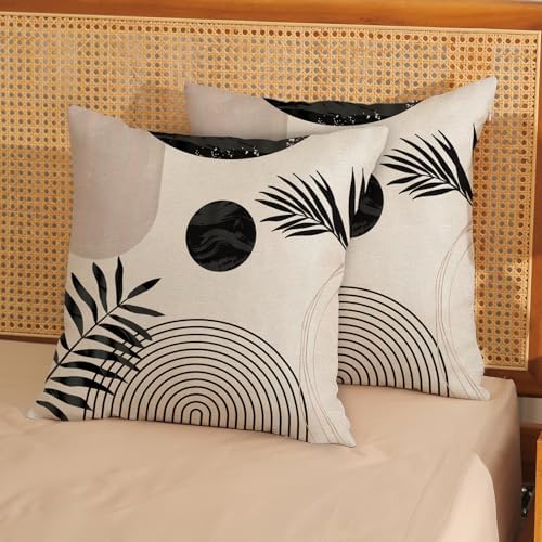 Boho Pillow Covers 18x18 Set of 2 Mid Century Black Beige Tropical Leaf Throw Pillow Covers Outdoor Modern Abstract Decorative Pillow Cases Farmhouse Linen Cushion Case Decor for Couch Sofa - Image 3