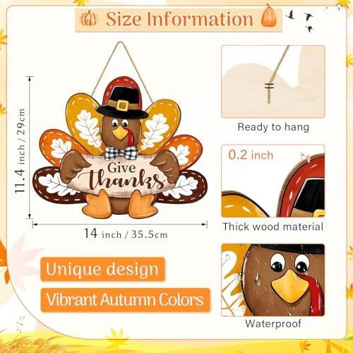 Thanksgiving Turkey Door Sign Decor, Give Thanks Wooden Wreath for Front Door Hanger, Yard Farmhouse Home Gobble Sign, Thankful Wreath Rustic Autumn Harvest Thanksgiving Party Decor - Image 2