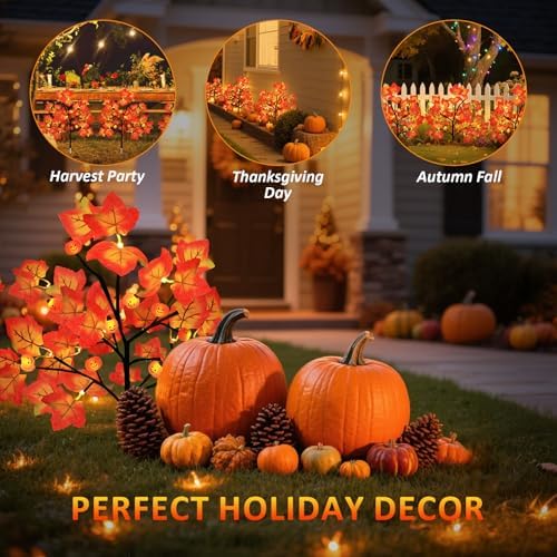 Lmtocs 4 Packs Solar Fall Thanksgiving Decorations Outdoor, 80LED Maple Leaf Pumpkin Fall Lights for Outdoor Fall Decorations, Waterproof Thanksgiving Lights for Yard, Pathway Harvest Decor - Image 5