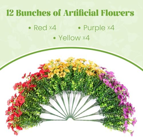Artificial Flowers for Outdoors Potted Spring Decor, 12 Bundles Fake Summer Daisy with Realistic Eucalyptus Leaves, Faux Plants for Greenery Boxwood Porch Patio Garden Pot Lawn(Red Purple Yellow) - Image 3