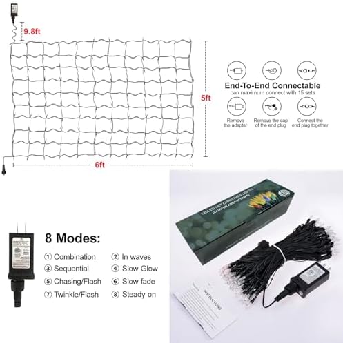 120Led Christmas Net Lights Outdoor 5ft x 6ft, Connectable 8 Modes Waterproof 29V Plug in Black Wire, Mesh Net Christmas Lights for Bushes Shrubs Yard Trunk Xmas Tree Christmas Decorations (Red&Green) - Image 6