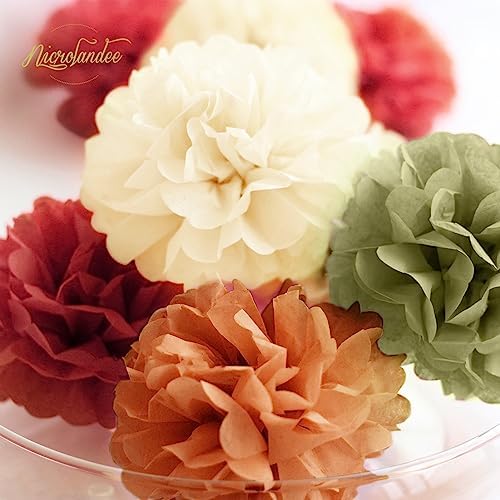 NICROLANDEE Fall Party Decor 12 PCS Orange Burgundy Green Tissue Pom Poms - Image 6
