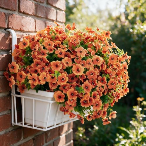 Artificial Outdoor Flowers UV Resistant Fake Plants Greenery 12 Bundles Faux Silk Daisy with Eucalyptus Leaves Summer Fall Outdoor Decor for Porch Patio Yard Garden Farmhouse, Orange - Image 4