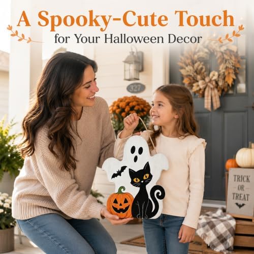 Halloween Decoration Wooden Sign, Ghost Halloween Front Door Hanger, Spooky Wooden Pumpkin Black Cat Sign for Indoor Outdoor Yard, Сute Ghost Home Decorations Signs - Image 6