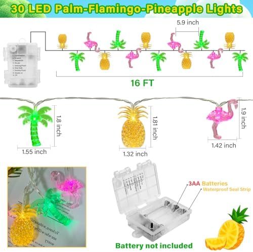 Summer Tropical Beach Hawaiian String Lights - 30 LED 16Ft Battery Operated Tropical Flamingo Pineapple Palm Tree Lights for Luau Pool Decor, Hawaii Theme Summer Outdoor Indoor Party Decorations - Image 2