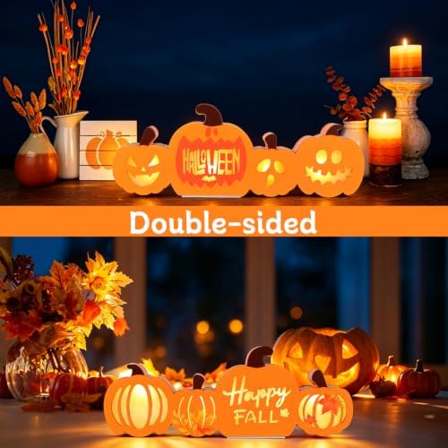 Fangoo Fall Wooden Pumpkin Table Night Light Halloween Decorations Double Side Fall Pumpkin Tabletop Centerpiece Decor for Harvest Thanksgiving Tiered Tray Mantle Desk Holiday Party Decorations - Image 4
