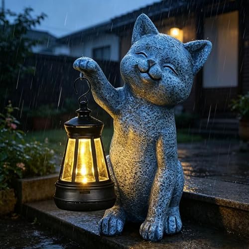 Cat Garden Statue Decorations Outdoor,Solar Resin Figurine with Hanging Lantern Outdoor Decor(cat2) - Image 6