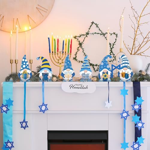 Tradder 6 Pieces Hanukkah Gnomes Decorations Wooden Chanukah Gnomes Signs Table Centerpieces Jewish Wood Blocks Gifts Ornaments for Holiday Party Supplies Home Tiered Tray - Image 5