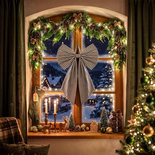 Suncalla 2 Pcs Black White Christmas Gingham Wreath Bows 18'' x 12'' - Image 6
