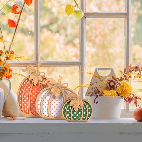OLANRUN Fall Decorations for Home, 3-Piece Wooden Pumpkin Fall Decor, Rustic Farmhouse Indoor Autumn Thanksgiving Decorations for Table Centerpiece, Tiered Tray, Mantel, Shelf, Office (4-8 Inch) - Image 6