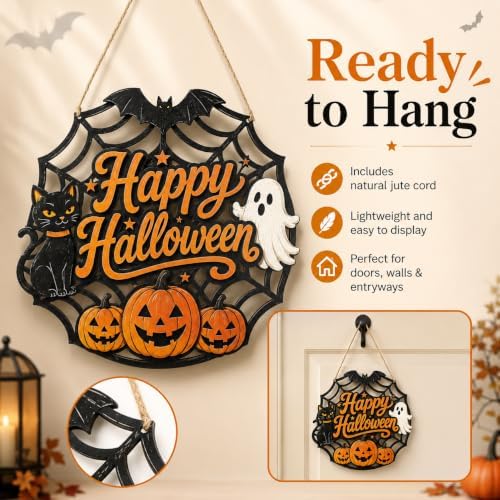 Happy Halloween Door Sign, Wooden Spider Web Front Door Hanger with Black Cat, Ghost & Pumpkins, Farmhouse Halloween Decorations for Front Door, Porch, Entryway, Wall Decor, Seasonal Hanging Sign - Image 4