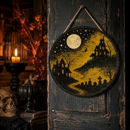 Gothic Halloween Decoration Wooden Sign, Autumn Moon Halloween Front Door Hanger, Spooky Image Wooden Sign for Indoor Outdoor Yard, Gothic Home Decorations - Image 6