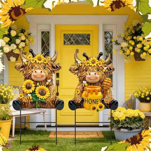 Amyhill 2 Pcs Highland Cow Outdoor Decor, Sunflower Bee Metal Garden Stakes, Honey Themed Yard Signs for Spring Summer, Patio Lawn Walkway Decorations, Cute Cow Gifts for Garden Lovers - Image 2