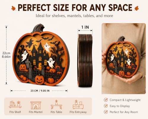 Vintage Halloween Decor 2026, 3D Wooden Pumpkin Decor, Spooky Halloween Tabletop Decoration, Rustic Shelf Mantel Ornament for Home (Pumpkin Sign) - Image 2