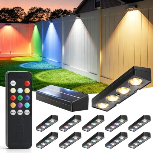 JOFIOS Fence Lights Solar Powered with Remote 12 Pack, Warm White, Cool White and RGB Color Glow LED Solar Lights Outdoor, Dusk to Dawn Solar Fence Lights for Patio, Backyard, Railing, Deck, and Wall by JOFIOS