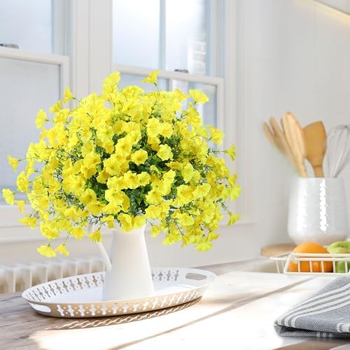 Artificial Flowers for Outdoors 12 Bundles Realistic Faux Plants UV Resistant Fake Silk Morning Glory with Eucalyptus for Front Door Planter Patio Porch Outside Spring Summer Decoration (Yellow) - Image 4