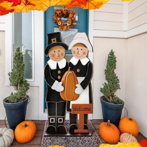 40 H Thanksgiving Wooden Porch Sign, Pilgrim Couple Porch Decor - Image 4