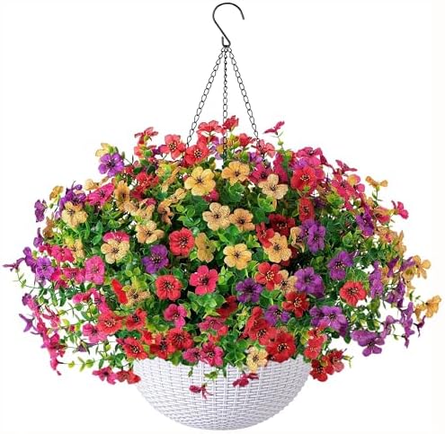 HyeFlora Artificial Faux Hanging Plants Flowers Basket for Outdoor Outside Spring Summer Decoration, Fake Silk UV Sun Resistant Realistic Colorful Daisy for Porch Patio Balcony Home by HyeFloraartificialflowers