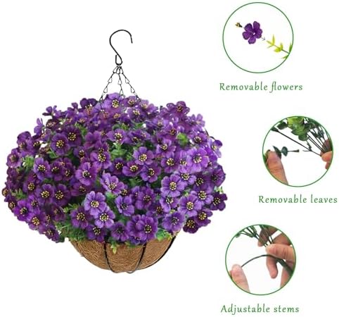 Artificial Hanging Flower Plants with Pot Planter, 12 Bundles Fake Flowers Uv Resistant Artificial Outdoor Flowers for Spring Summer Yard Porch Patio Garden and Home Decoration - Purple - Image 3