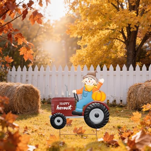 Glitzhome Fall Outdoor Decorations, 30"H Fall Scarecrow Tractor Yard Stake Decor, Happy Harvest Thanksgiving Outdoor Decorations,Metal Tractor Pumpkin Sign Decoration for Lawn Pathway Front Door Porch - Image 2