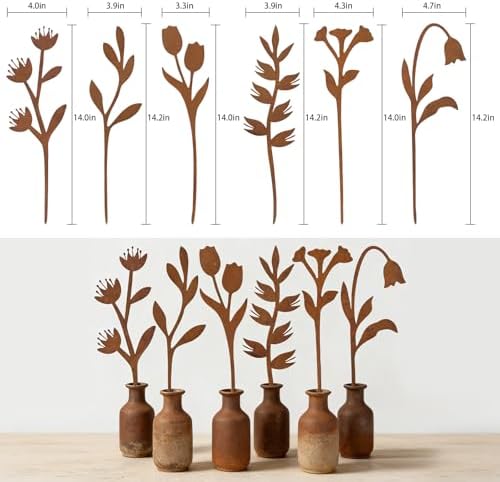 hogardeck Garden Decor for Outside, 6 Pcs Rusty Metal Flower Garden Stakes with Fern Leaf Design for Outdoor Yard Art, Rustic Plant Stakes for Flower Bed, Pot, Vase - Image 2