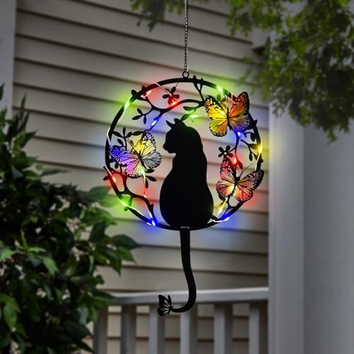 Hanging Cat Solar Lights Outdoor Garden,Black Cat & Butterfly Garden Decor by HokfirmHomeDecorGarden
